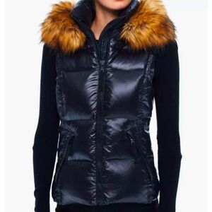 S13 New York Snowcat Natural Faux Fur Trim Hooded Down Puffer Vest Jet/Natural